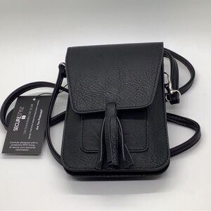 K.Carroll Black Leather Crossbody Bag with Tassel belt loop & adj strap. NWT.  T